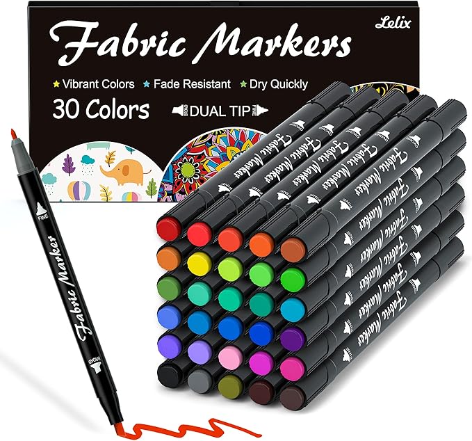 Lelix Fabric Markers, 30 Permanent Colors Dual Tip Fabric Pens for Writing Painting on T-Shirts Clothes Sneakers Canvas Pillowcases, Child Safe & Non-Toxic for Kids Adults