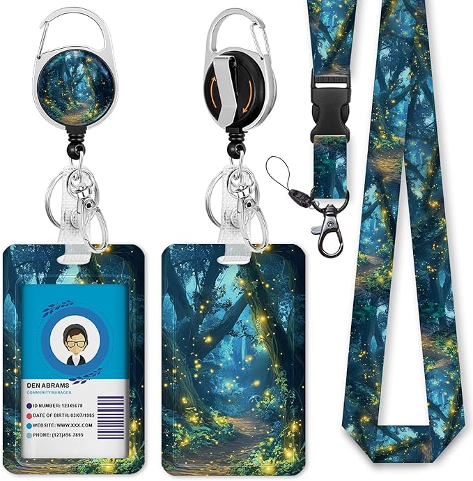 Gctriki Forest Fireflies Lanyards for ID Badges, Retractable Badge Holder with Heavy Duty Clip Keychain, Cruise Ship Cards Holder Name Tag ID Card, Teacher Nurse Women Men Security Staff Office Gift