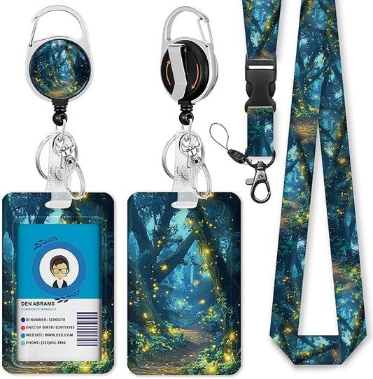 Gctriki Forest Fireflies Lanyards for ID Badges, Retractable Badge Holder with Heavy Duty Clip Keychain, Cruise Ship Cards Holder Name Tag ID Card, Teacher Nurse Women Men Security Staff Office Gift