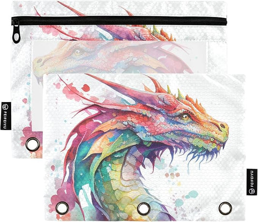 Watercolor Dragon Pencil Pouch for 3 Ring Binder, 2 Pack Waterproof Pencil Bags Clear Window Zipper School Office Supplies