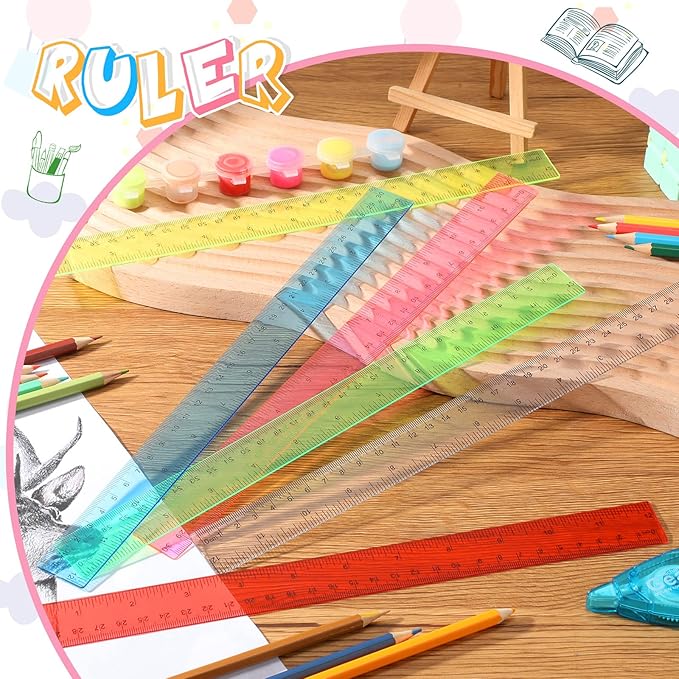 12 Pack Color Transparent Ruler Bulk 12 Inch Clear Plastic Rulers Kids Ruler with Centimeters and Inches Straight Measuring Drafting Tools for Classroom School Students Families Education