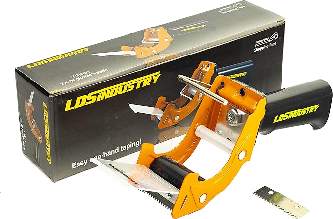 Rapid-Replace Packing Tape Dispenser Gun with Extra Blade by LDS Industry, 2 in (50mm) Lightweight Ergonomic Industrial Handheld Heavy Duty Tape Cutter for Carton, Packaging and Box Sealing, Orange