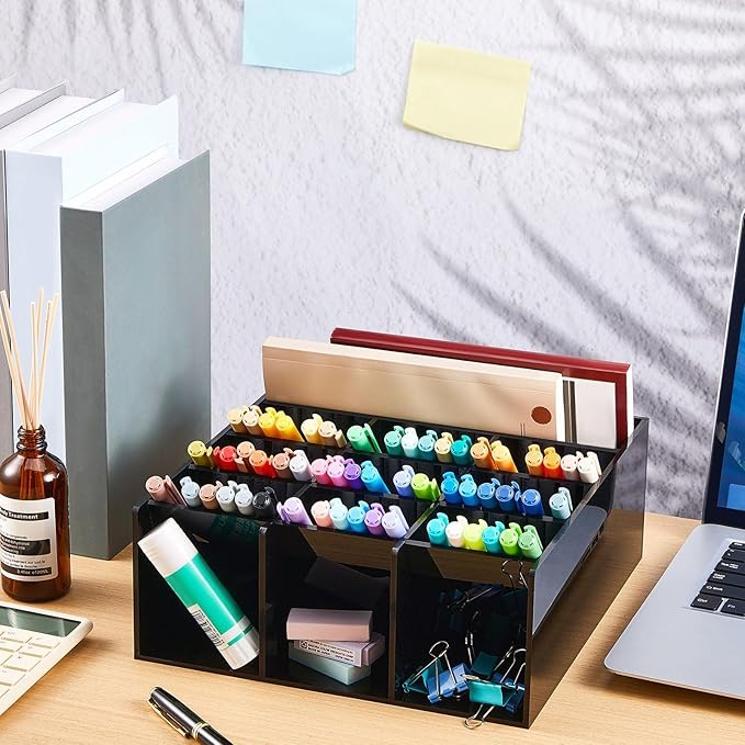 Acrylic Pen Organizer Storage for 150 Markers Vertical Marker Organizer Acrylic Pen Display Holder for Office Desk Desktop Stationery Pencil Storage, Black, 10.2 x 4 x 9.8 Inch