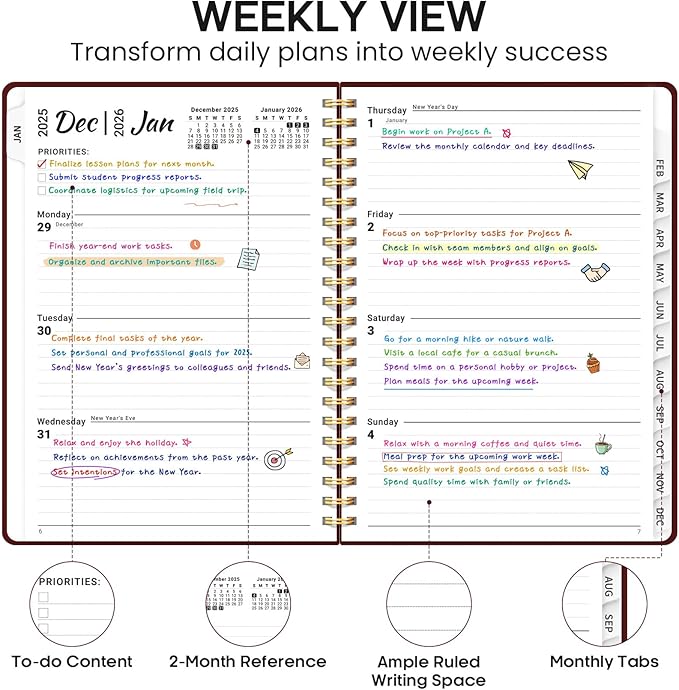 2026 Planner 8.5" x 11", Weekly and Monthly Calendar Planner Book, January 2026 - December 2026, Hardcover Spiral Planner with Monthly Tabs, Notes Pages, Perfect for Women & Men, A4 - Burgundy