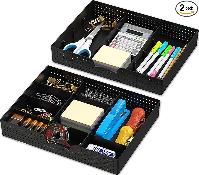 Simple Houseware Drawer Organizer Tray with 9 Adjustable Compartments, 2 Packs, Black