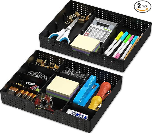 Simple Houseware Drawer Organizer Tray with 9 Adjustable Compartments, 2 Packs, Black