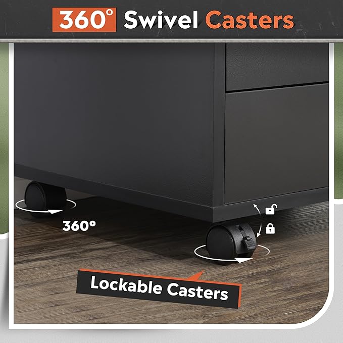 DEVAISE 5-Drawer Chest, Wood Storage Dresser file Cabinet with Wheels, Mobile Dresser for Home Office, Black