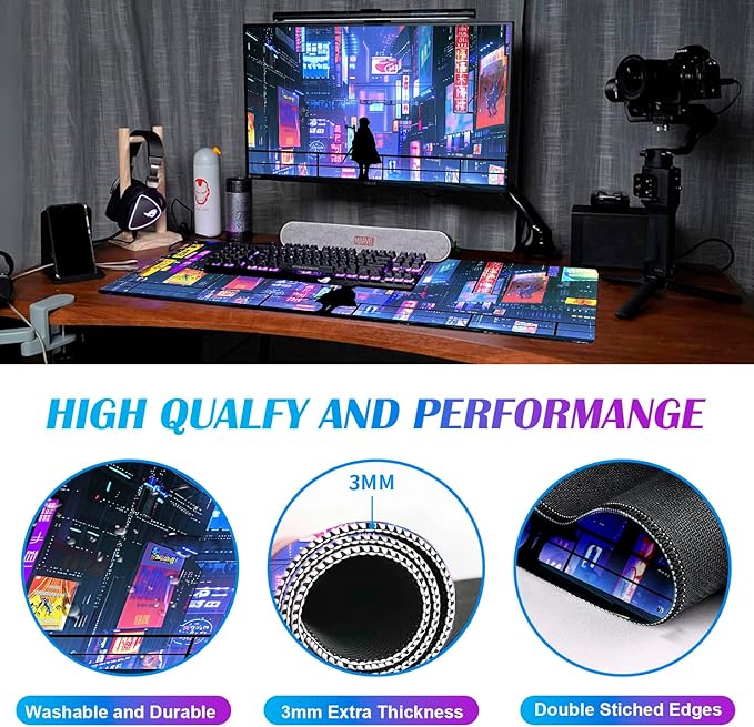 Tokyo Street Cute Large Gaming Mouse Pad, Purple Blue Anime City XXL, 35.4L x 15.7W inches, Fabric, Polyvinyl Chloride, Office Products