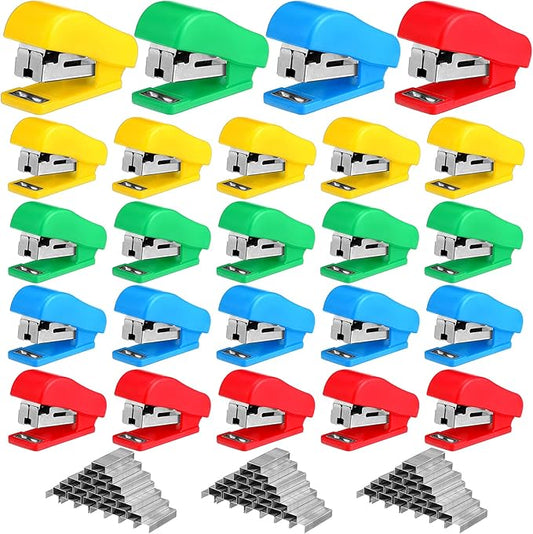 Fainne Mini Stapler with Staples, Portable Multicolor Small Stapler, Hand Held Desk Staplers, Cute Office Supply Set for Office College, 4 Colors(Classic Color,24 Pcs)