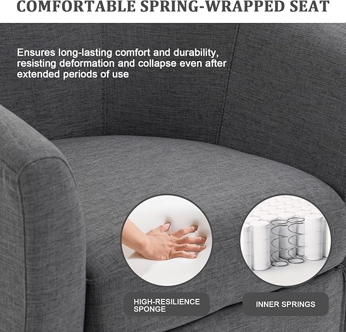 UIXE 360° Swivel Barrel Accent Chair, Modern Round Arm Chair Upholstered Club Armchair, Single Sofa Seating in Fabric for Living Room, Bedroom (Dark Grey)