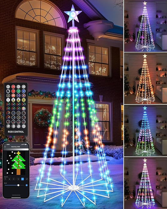 Brightever 8FT 355 LED Smart Cone Christmas Tree, Outdoor Prelit Christmas Tree with 16 Million DIY RGB LED Light Show, Remote APP Control Color Changing Music Sync for Xmas Outdoor Decorations