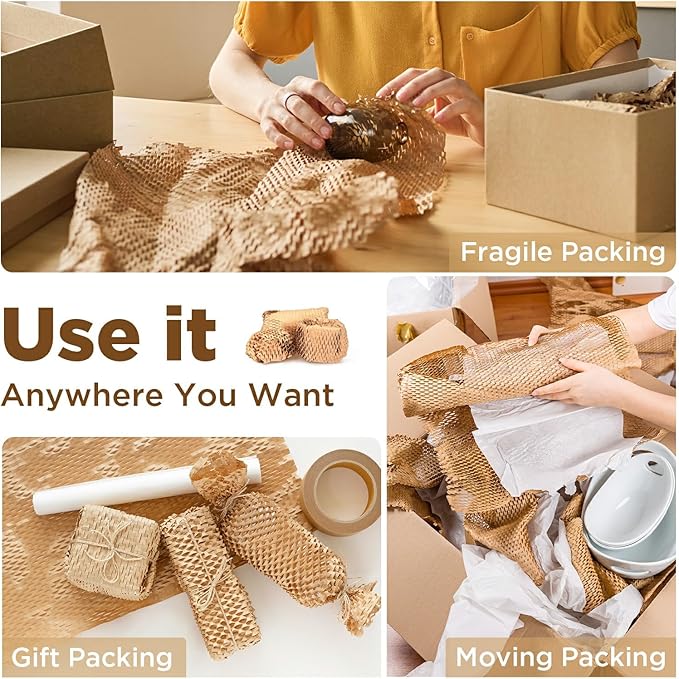 Honeycomb Packing Paper, 12"x150' Brown | Perforated Honeycomb Packing Paper Recyclable Moving Supplies for Shipping & Moving | Plastic-Free Alternative to Bubble Cushion Wrap with 36 Fragile Stickers