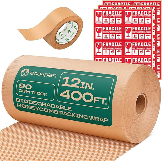 Honeycomb Packing Paper | Extra Thick 90 GSM Packing Wrap | Biodegradable Packing Materials: 12” x 400’ Moving Paper + 195’ Cellulose Adhesive Tape + 30 Fragile Stickers | Paper Bubble Wrap