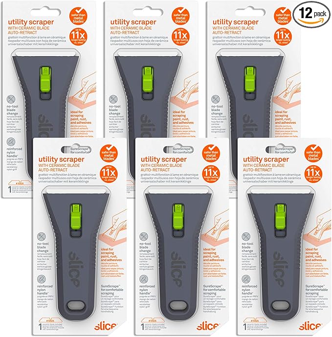 10593-CS Auto-Retracting, Utility Scraper, Locking Ceramic Blade, Rust Free, Finger Friendly, Soft-Touch Comfort Grips Reduce Strain, 12 Pack