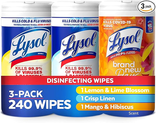 Lysol Disinfectant Wipes Bundle, Multi-Surface Cleaning Wipes, For Disinfecting & Cleaning, contains Lemon & Lime Blossom, Crisp Linen, & Mango & Hibiscus, 3x80 ct, (240 ct Total)