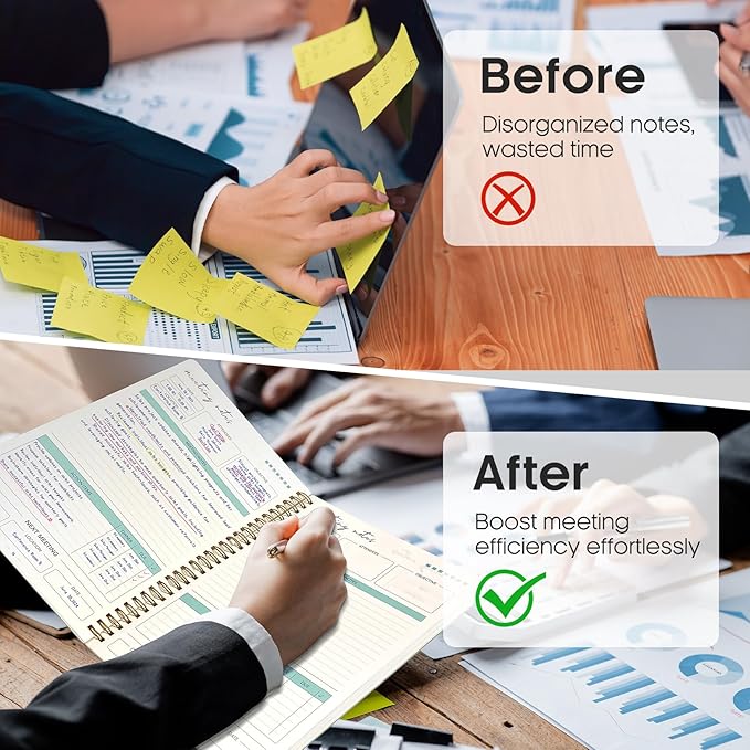 6 Pack of Meeting Notebook for Work Organization - Work notebook with action items, Meeting Minutes Planner Notebook, Perfect Office Supplies for Men & Women - Green