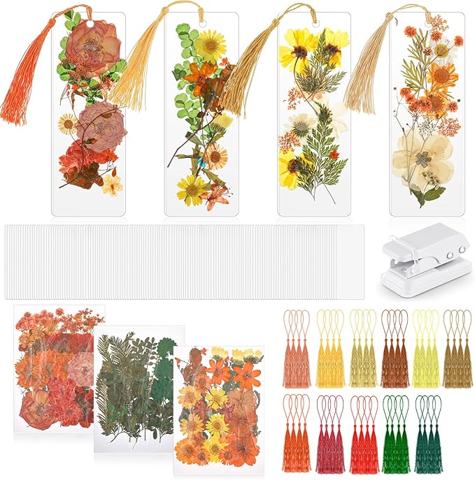 150 Pcs DIY Pressed Dried Flower Bookmark Making Kit, DIY Bookmark Bulk Thanksgiving Teacher Gifts for Reading Women Book Lovers(2 x 6 Inch,Orange Yellow Color)