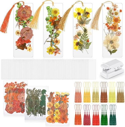 150 Pcs DIY Pressed Dried Flower Bookmark Making Kit, DIY Bookmark Bulk Thanksgiving Teacher Gifts for Reading Women Book Lovers(2 x 6 Inch,Orange Yellow Color)