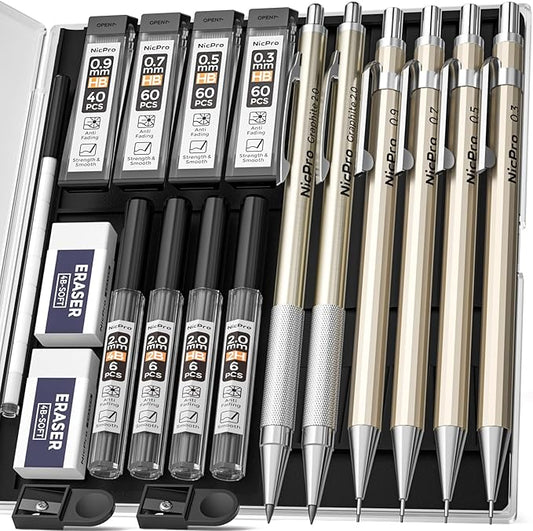 Nicpro 6PCS Metal Mechanical Pencil Set, Full Copper Drafting Pencil 0.3, 0.5, 0.7, 0.9 mm & 2PCS 2mm Graphite Lead Holder(4B 2B HB 2H) For Art Sketching Drawing With Lead Refills Eraser Case