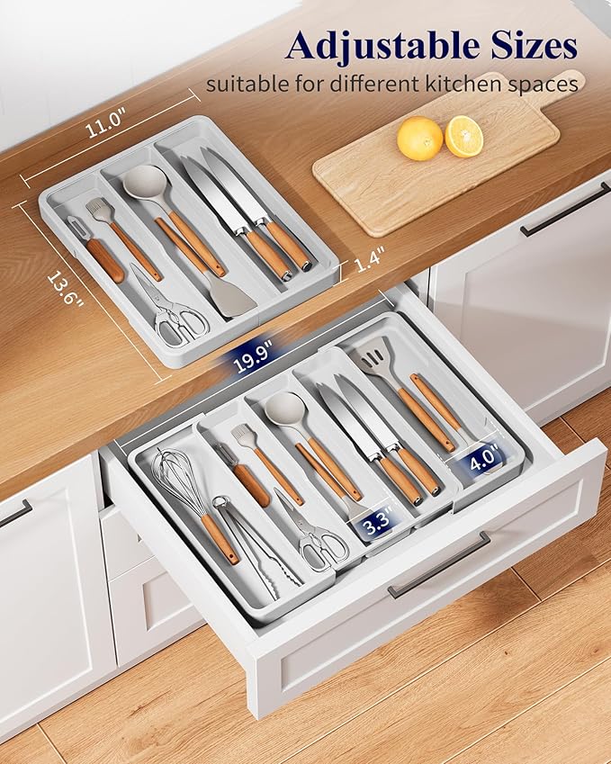 Kitsure Expandable Silverware Organizer – Large Utensil Drawer Kitchen Organization with 5 Compartments, Easy-Clean, Home & Apartment Essentials, White, 13.6" x 1.4"x 11.0"~19.9"