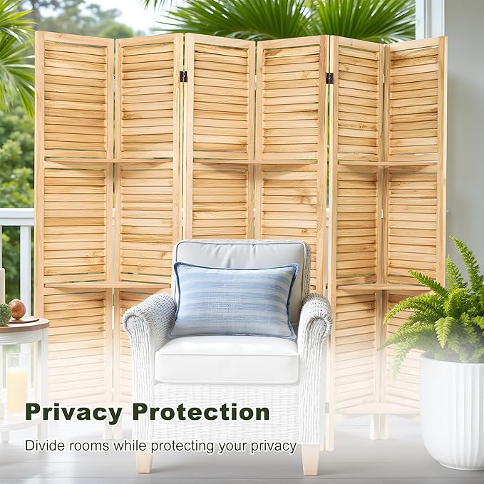 NicBex 6 Panel Room Divider,5.6FT Wood Carved Room Dividers with Display Shelves Folding Privacy Screens Portable Freestanding Partition Wall Dividers for Room Separation, Bedroom Office,Natural Wood