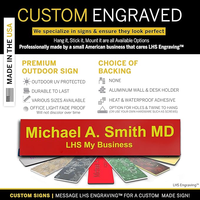 Door Name Plate Personalized for Office Red Plastic Name Plate with Yellow Letters - Made in USA 2x12 B22