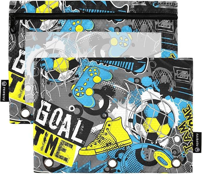 ZAZYXTJ Soccers Binder Pencil Pouchs 3 Ring with Zipper Clear Window Office Organizers bag for School Students Teacher Supplies 2 Pack