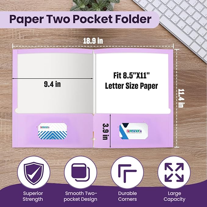 BIBRADAA® 50 Packs File Folders,File Folder with Pockets Fit Letter Size Paper,File Folders Letter Size,Durable Paper Folders for School, Office, Business. (50, Light Purple)