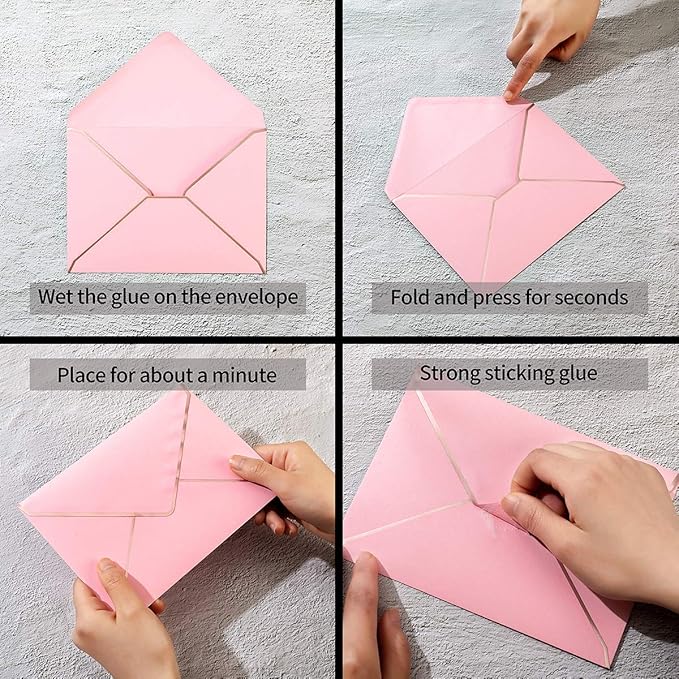 100 Pack A7 Envelopes 5 x 7 Card Envelopes V Flap with Gold Border for Office, Wedding Gift Cards, Invitations, Graduation, Baby Shower, Parties (Pink, 5.32 x 7.28 Inches)