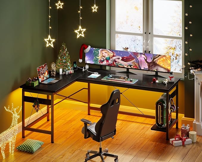 Coleshome 66" L Shaped Gaming Desk with Outlet, L Shaped Desk with CPU Stand, Corner Computer Desk, Home Office Desk, Writing Desk, Black