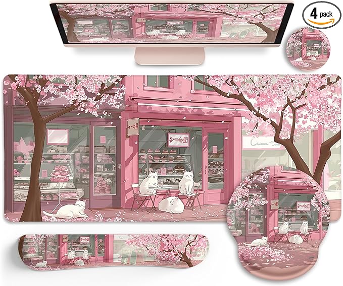 Anime Cat Mouse Pad Set, XXL Gaming Mouse Pad with Wrist Rest, Keyboard Mat, Cat Coaster, Cute Office Desk Decor Accessories, Pink Lycra