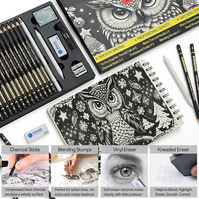 Drawing Sketching Pencil Set, 26 Pieces, Graphite Pencils (14B-4H), Charcoal Pencils, Charcoal Sticks, Blending Stump, Eraser, Sharpeners, Artist Pencils for Beginners & Pro Artists