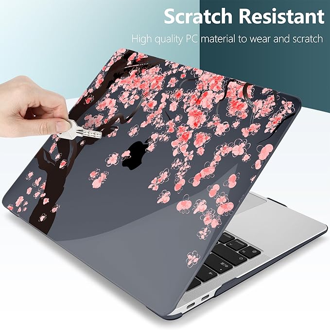 DONGKE MacBook Case for MacBook Air 13 inch M1/A2179/A1932, Crystal Black Hard Shell Cover with Cherry Blossom Pattern, Touch ID & Retina Display Compatible