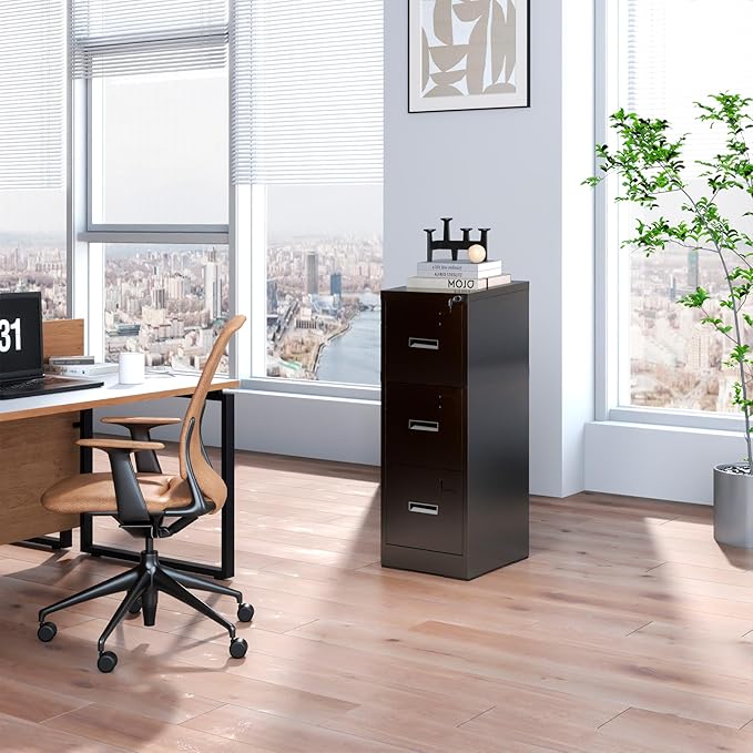 Black 3 Drawer File Cabinets with Lock, Heavy Duty Metal Storage Cabinets, Vertical Filing Cabinet for Home Office, Steel Cabinet for Letter Legal Size Files, Assembly Required