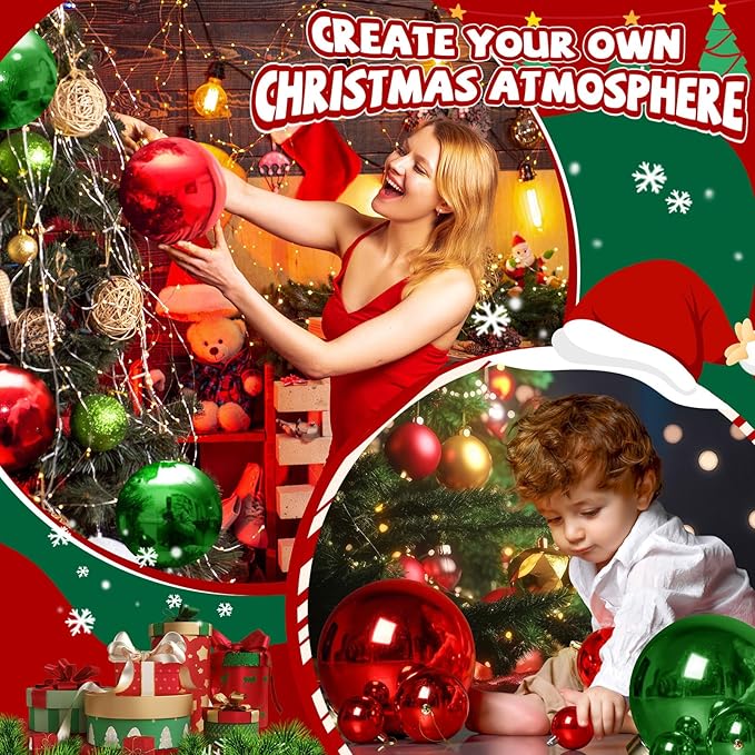 8 Pcs Christmas Ball Ornaments 8 Inch UV Resistant and Waterproof Shatterproof Shiny Plastic Christmas Tree Hanging Ornaments Decoration for Indoor Outdoor Holiday Party(Red, Green)