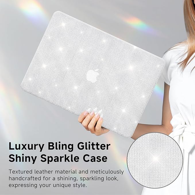 KEROM Glitter Case for MacBook Pro 14 inch 2025-2021 M5 M4 M3 M2 M1 Chip A3434 A3112 A3185 A3401 A2918 A2992 A2779 A2442, Luxury Bedazzled Bling Sparkle PU Leather Hardshell & Keyboard Cover, Silver