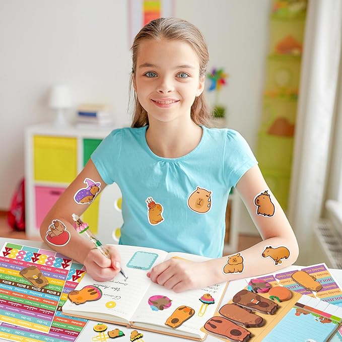 B1ykin Notebook Sticky Notes Stationery Set, 6Pcs Hardcover Ruled Journal Notebook with Planner Stickers, Neutral Pen Bookmarks Clips Birthday Gift for Office Students (Capybara)