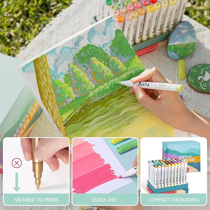 Arrtx 60 Colors Acrylic Paint Pens, Paint Markers Pens, for Artists Adults Coloring Drawing Scenery Landscape Natural- Brush Tip for Rock Painting, Wood, Canvas, DIY Crafts Making Art Supplies-60C