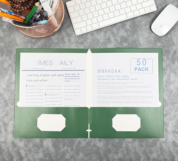 BIBRADAA® 50 Packs Dark Green Pocket Folders,Paper Folder Surface with Waterproofing,Letter Size,Holds 100 Plus Sheets,for School,Office,Business. (50, Dark Green)