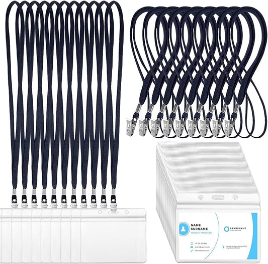 Marspark 100 Sets Clear Name Tags with Lanyard, Lanyards for ID Badges Reusable Strap with ID Holder Plastic Name Badges for Adults Business School Church Conference (Dark Blue)