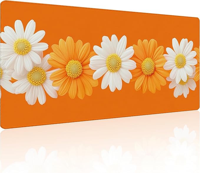 31.5”x11.8”Large Gaming Mouse Pad for Desk, Mouse Mat with Seamed Edges, Waterproof Desk Pad, Non-Slip Rubber Base, Keyboard Pad Computer Mat, Big XL Mousepad-Daisy on Orange
