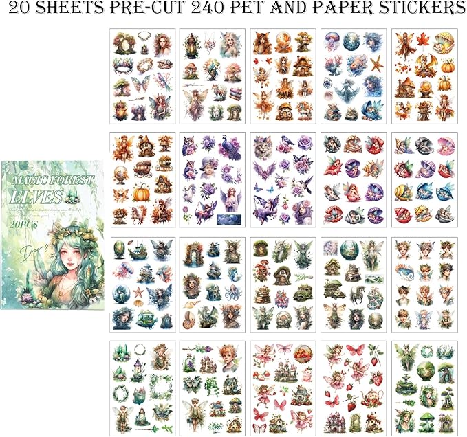 Scrapbook Fantasy Stickers 20 Sheets 240 Pre-Cut Washi Stickers for Journaling PET Transparent Fairy Sticker Decorative or DIY Paper Crafts, Arts and Crafting Projects