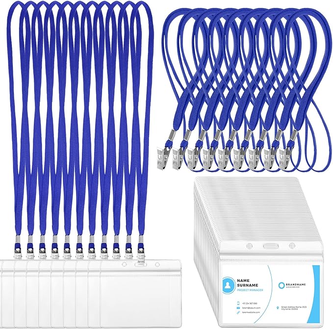 Marspark 100 Sets Clear Name Tags with Lanyard, Lanyards for ID Badges Reusable Strap with ID Holder Plastic Name Badges for Adults Business School Church Conference (Blue)