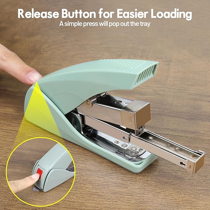 AFMAT ES10 Effortless Stapler for Desk, 50 Sheet Capacity, Low Force, Built-in Staple Remover, One Finger Touch Stapling Desktop Stapler, Portable & Space Save Size, Good for Home & Office, Green