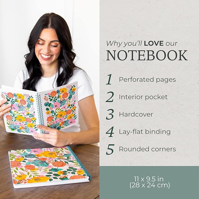 Steel Mill & Co Cute Large Spiral Notebook College Ruled, 11" x 9.5" with Durable Hardcover and 160 Lined Pages, Garden Blooms (Cream)