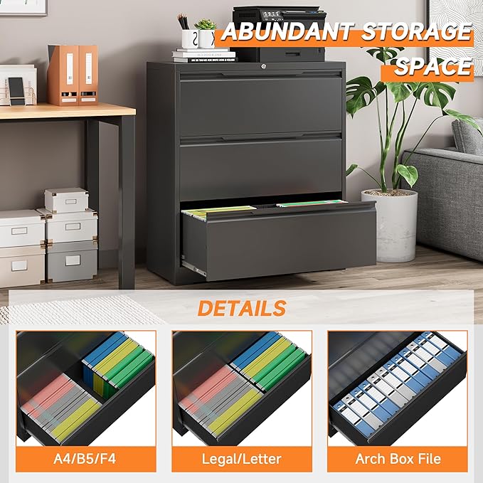 Lateral File Cabinet, 3 Drawer Lateral File Cabinet with Lock, Lockable Metal File Cabinet for Home Office, File Cabinet for Letter/Legal/F4/A4 Size (Black, 3 Drawer)
