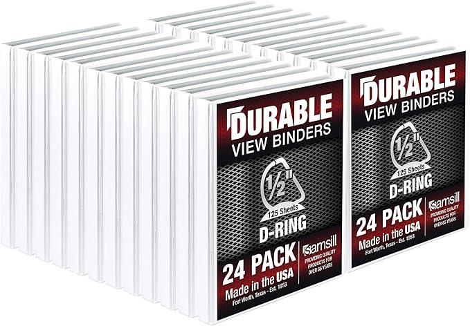 Samsill Durable 0.5 Inch Binder, Made in The USA, D Ring Binder, Customizable Clear View Cover, White, 24 Pack, Each Holds 125 Pages