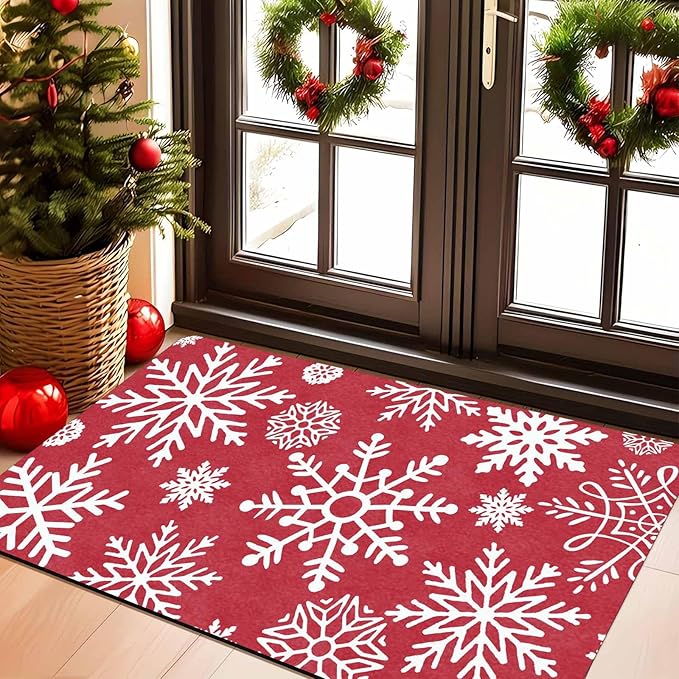 InterestPrint Christmas Red Door Mat Xmas Snowflakes Doormat Washable Floor Mats Outdoor Indoor Non-Skid Area Rug Entry Doormat for Bedroom Living Room Kitchen Nursery, 18" x 30"Inch