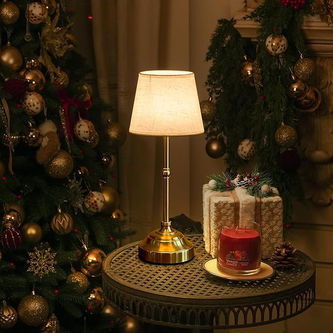 2 Pack Cordless Table Lamp, Rechargeable Desk Lamp with Fabric Shade, Battery Operated Lamp 3 Color Stepless Dimming, Small Touch Bedside Lamp Home Decor for Dining, Counter (Brushed Gold)