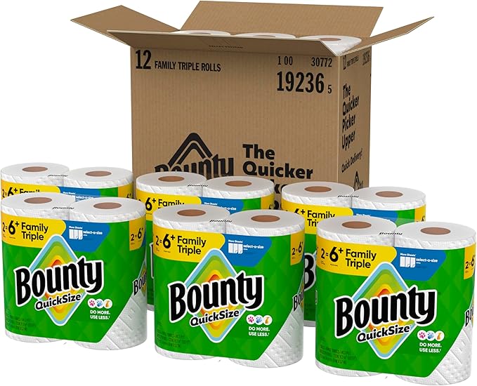 Bounty Quick-Size Paper Towels, White, 12 Family Triple Rolls = 40 Regular Rolls